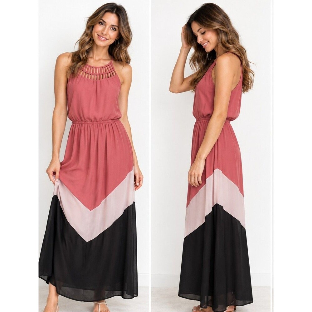 EUC Candies women's cut-out colorblock maxi dress, pink/Black/White, Size L